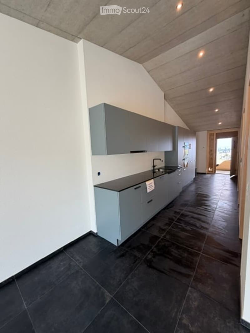Modern kitchen with grey cabinets, black tiled floor, and a sleek sink area.