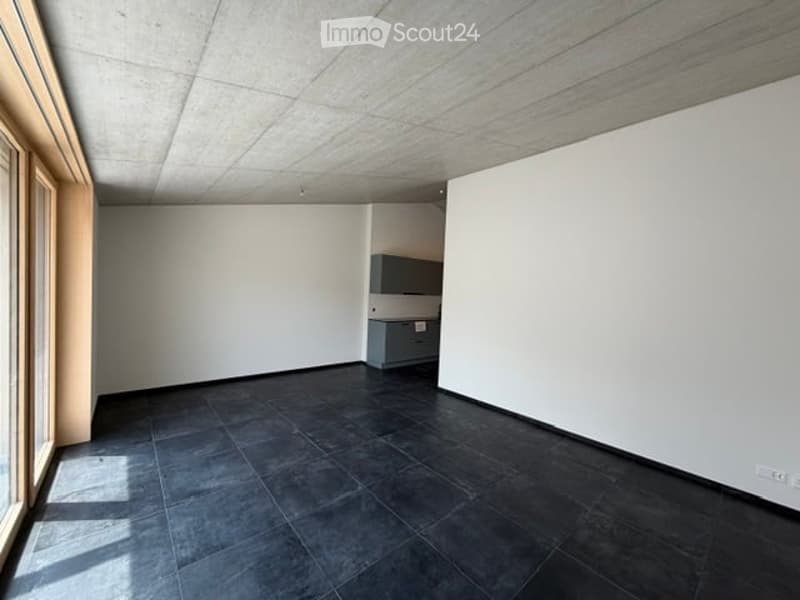 Completely empty room with bare walls, dark tiled floor, and a small built-in cabinet unit in the corner.