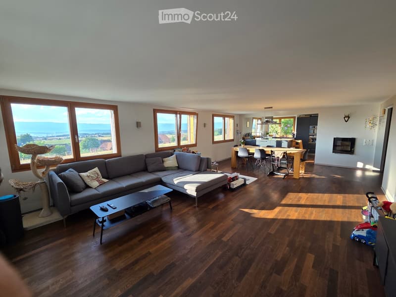 Open-plan living and dining area with wooden flooring, large windows, grey sectional sofa, coffee table, dining table with chairs, and a cat tree.