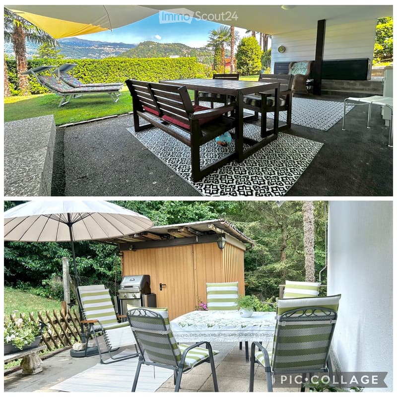 Two outdoor spaces: one with a wooden table, benches, and lounge chairs under a canopy, and another with a patio table, chairs, and a grill, surrounded by greenery and a scenic mountain view.