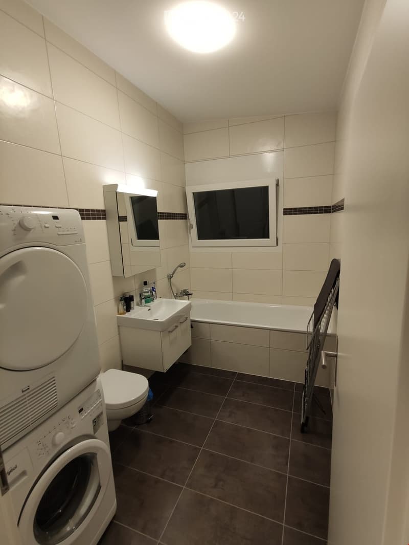 Modern bathroom with a washing machine, toilet, sink, bathtub, and a mirror cabinet. The room features beige tiled walls and dark tiled flooring.