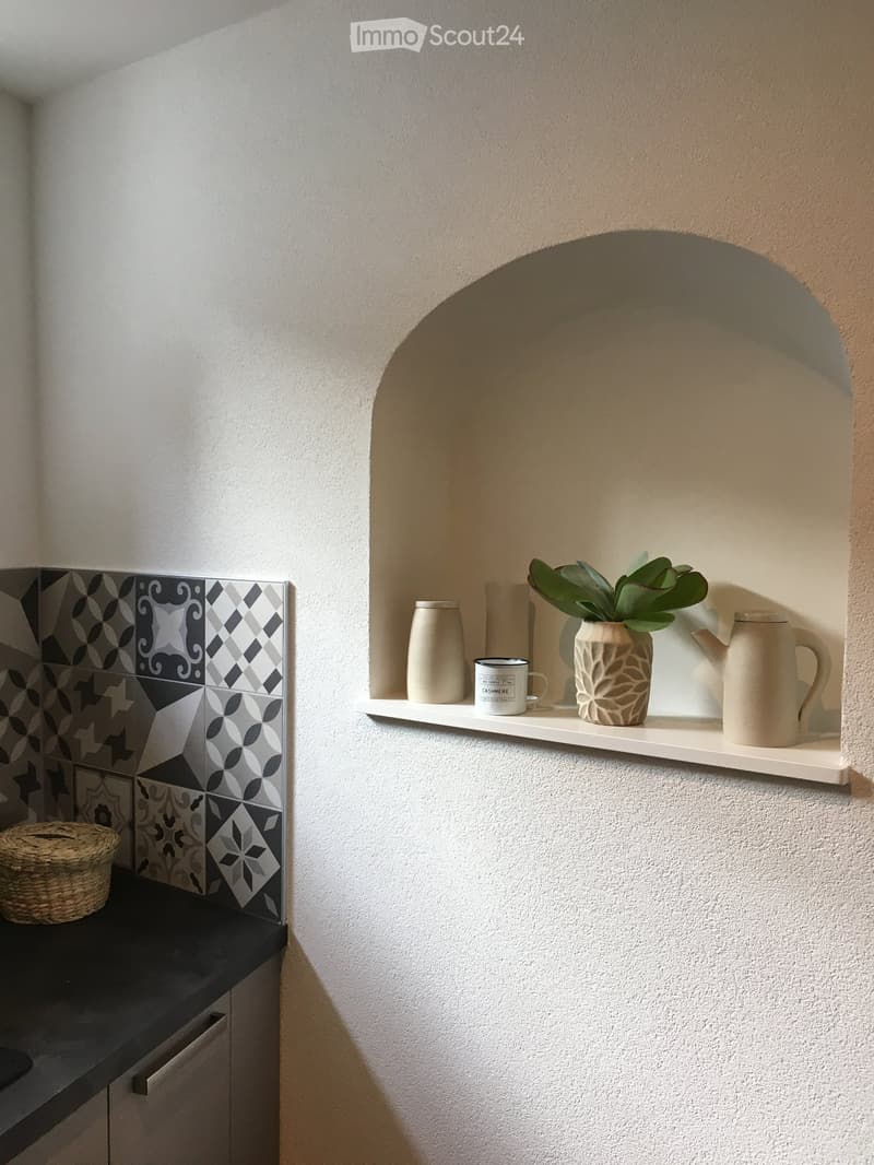 A kitchen with a black countertop, decorative tiles, and a white shelf holding a plant, cup, vase, and teapot.