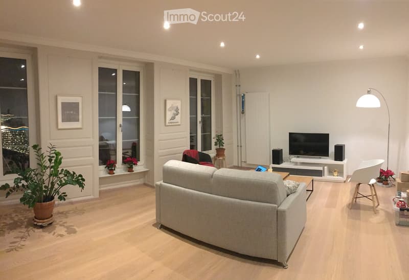 Modern living room with light wooden flooring, large windows, a grey sofa, coffee table, TV, floor lamp, and decorative plants.