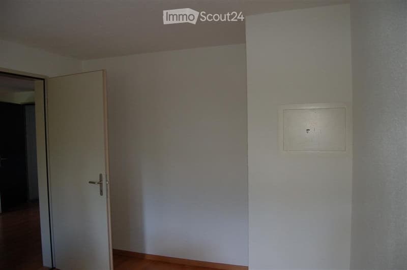 Empty room with wooden flooring, white walls, and a closed door leading to another space.
