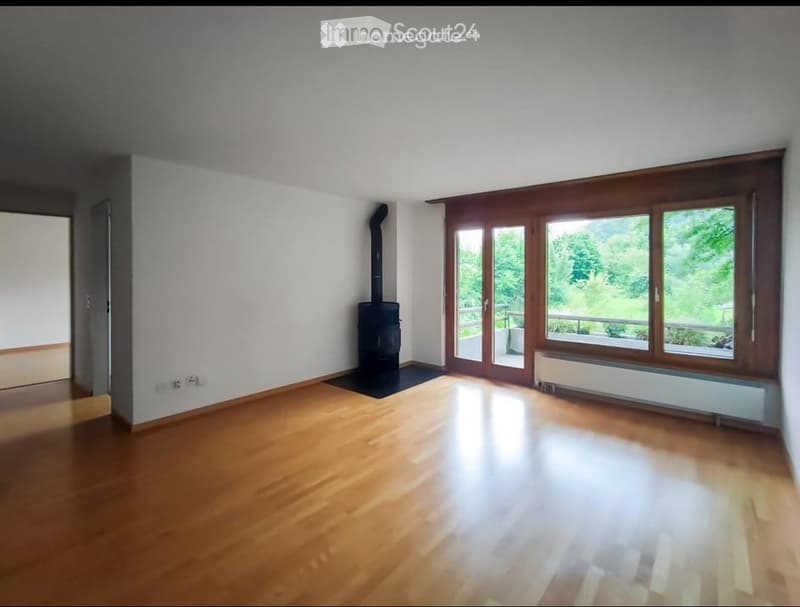 Empty room with wooden flooring, white walls, large windows, and a fireplace in the corner.