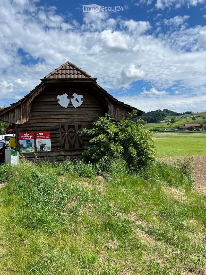A wooden barn with a tiled roof, surrounded by green grass and a rural landscape with hills and fields in the background.