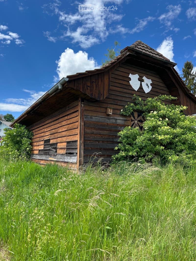 A rustic wooden building with a pitched roof, surrounded by overgrown grass and bushes, with decorative shields on the wall.