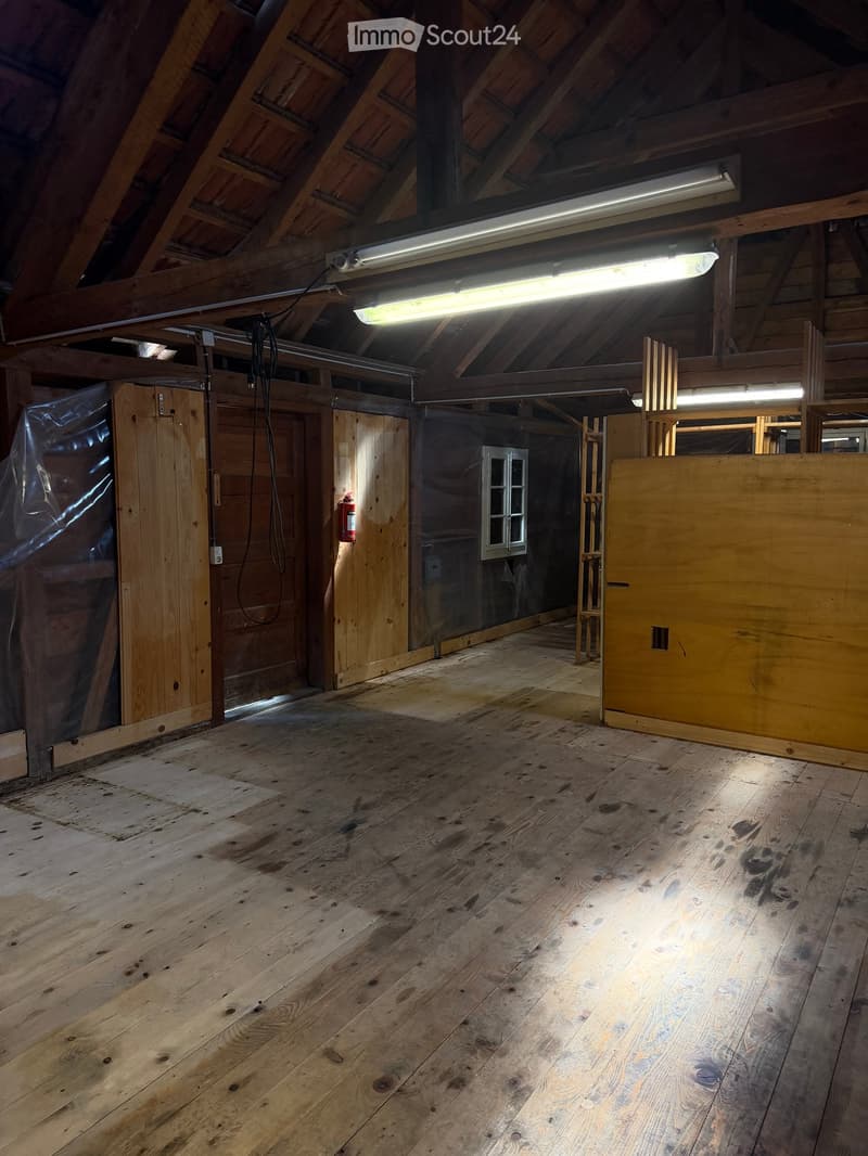 Empty attic space with exposed wooden beams, wooden floor, and fluorescent lighting. Features a small window and a fire extinguisher on the wall.