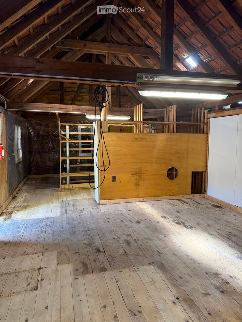 Empty attic space with exposed wooden beams, wooden floor, and fluorescent lighting. Features a wooden partition and a small window with protective plastic sheeting.