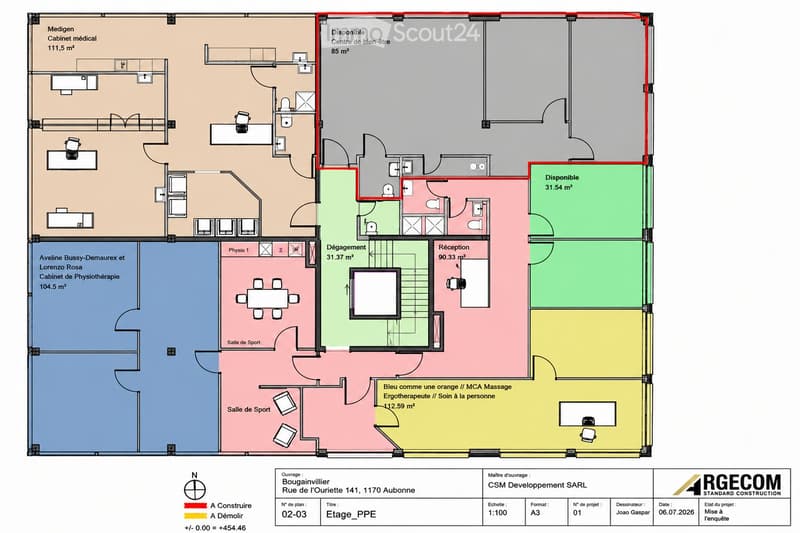 Floor plan of a medical and wellness center with multiple rooms including a medical office, physiotherapy room, reception area, massage room, and sports rooms.