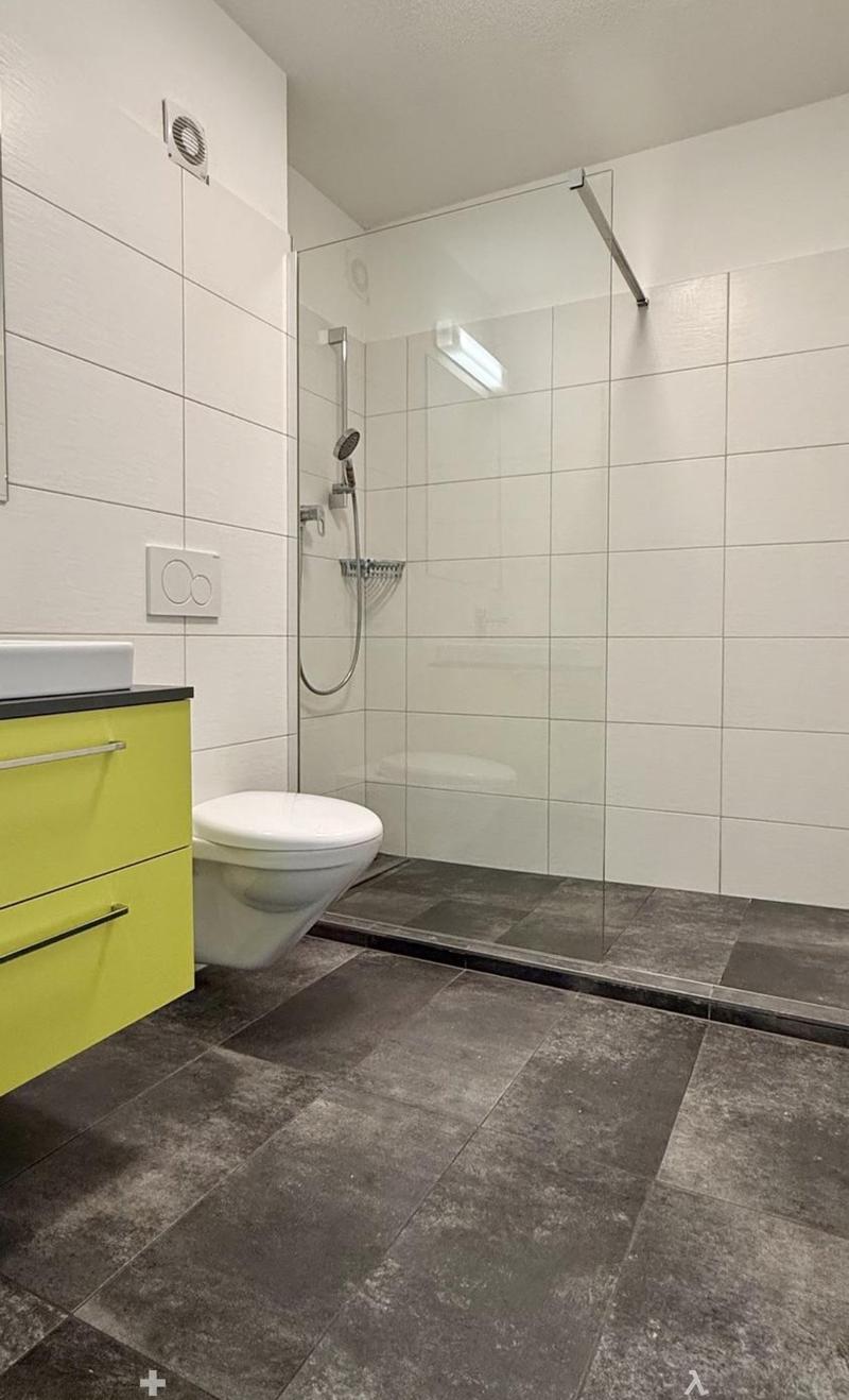 Modern bathroom with dark tiled floor, white tiled walls, glass-enclosed shower, toilet, sink, and bright green cabinet.