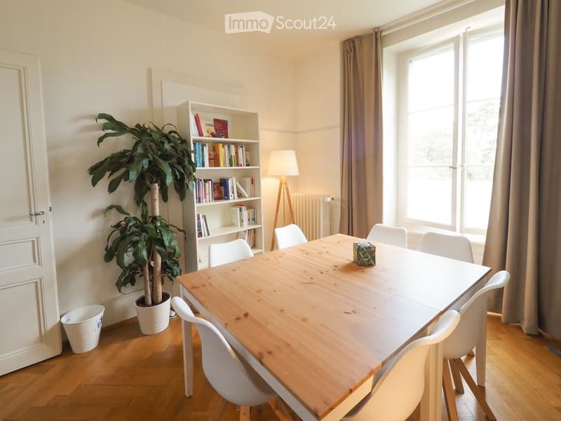 Bright dining area with wooden table, white chairs, bookshelf, potted plant, and floor lamp near large window.