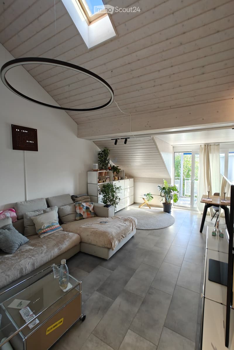 Modern living room with a grey sectional sofa, coffee table, dining table, chairs, and a sleek cabinet. The room features a skylight and large windows, with a round rug and decorative pillows on the sofa.