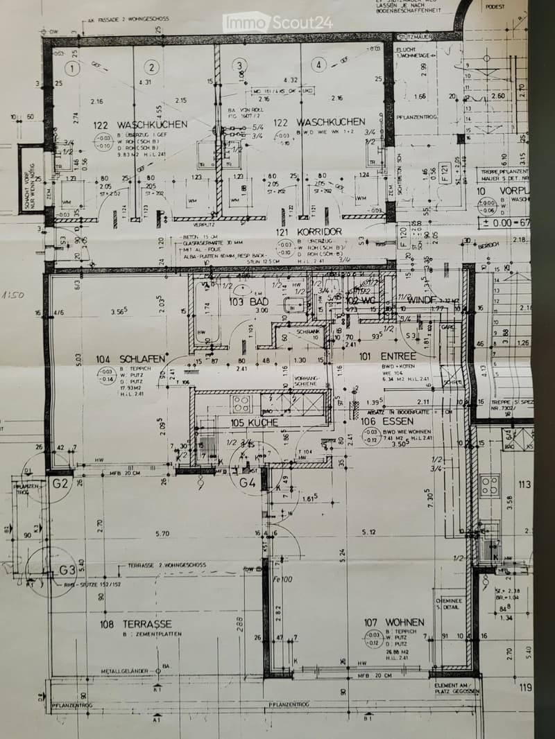 Floor plan of a residential building showing multiple rooms including a kitchen, bathroom, bedroom, living area, and terrace. Dimensions and room labels are indicated.