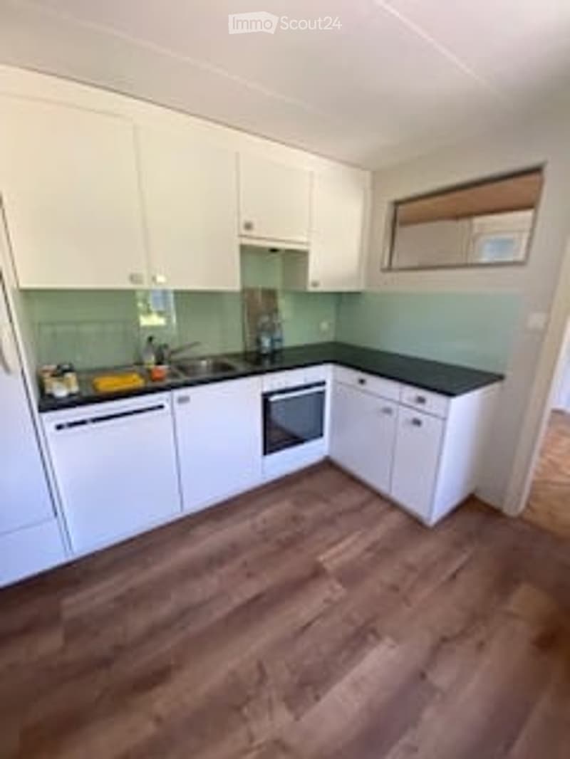 Modern kitchen with white cabinets, black countertops, and wooden flooring. Features a sink, oven, and fridge.
