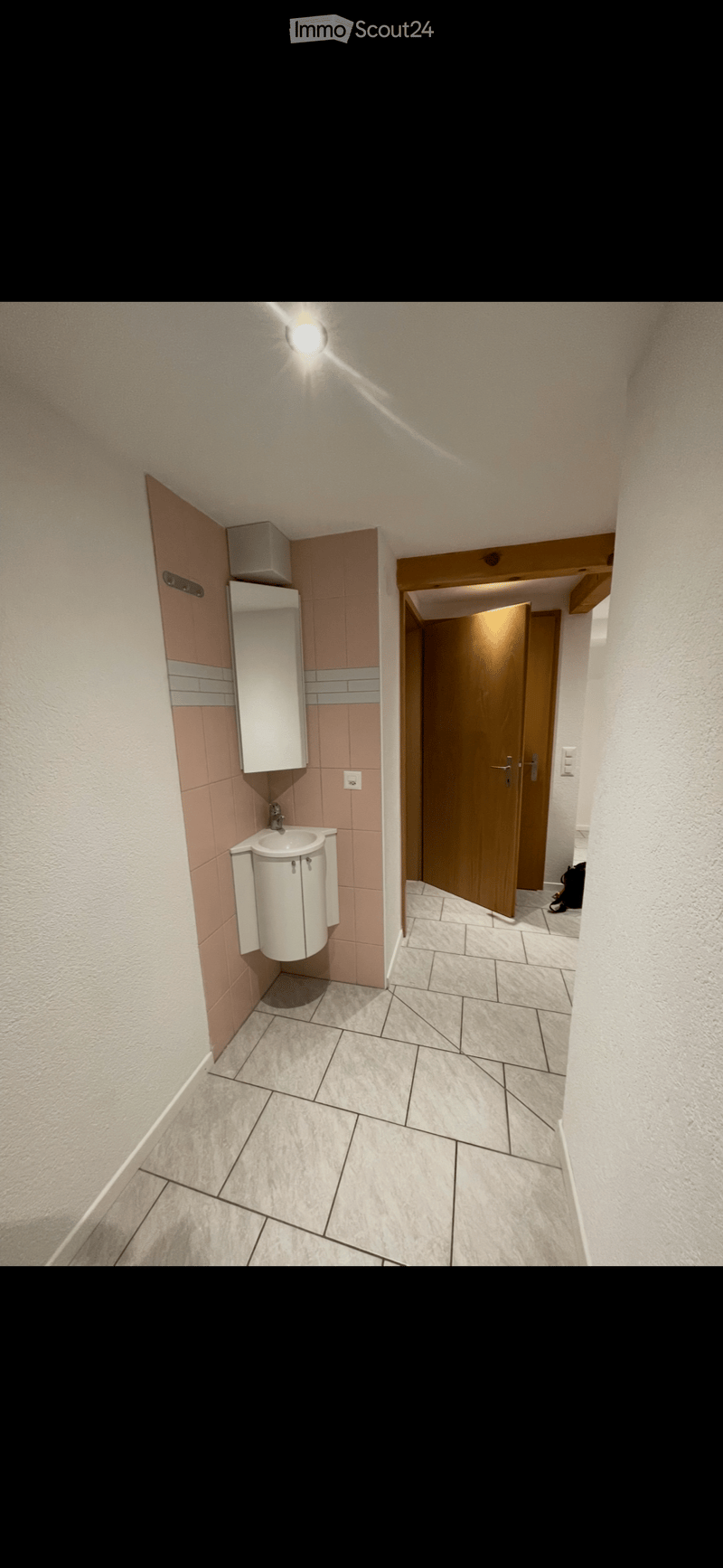 A narrow hallway with tiled flooring, a small sink area on the left, and a wooden door leading to another room on the right.