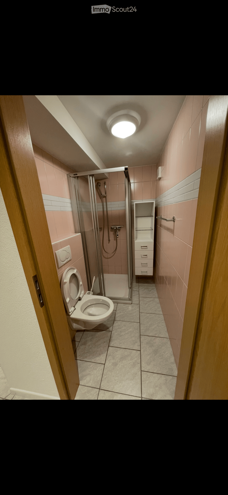 Small bathroom with pink tiled walls, a toilet, a shower area with a glass door, and a small storage cabinet.