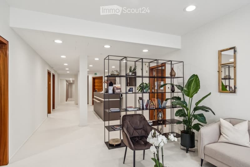 Modern, minimalist waiting area with white walls, a grey sofa, a dark brown leather chair, a large potted plant, a metal shelving unit with books and decorative items, and a reception desk in the background.