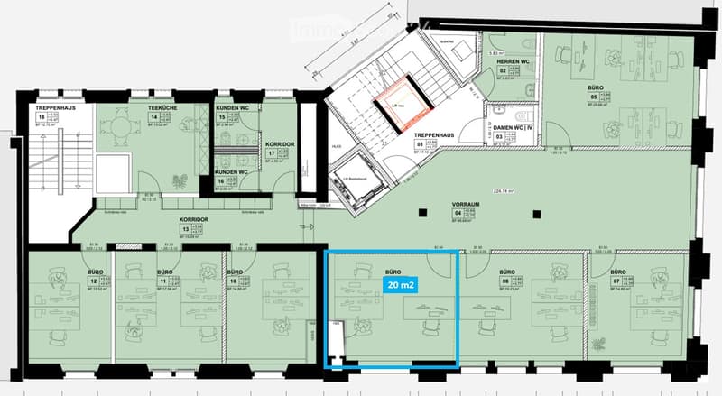 Floor plan of a commercial space with multiple rooms including offices, a kitchen, bathrooms, and a reception area.