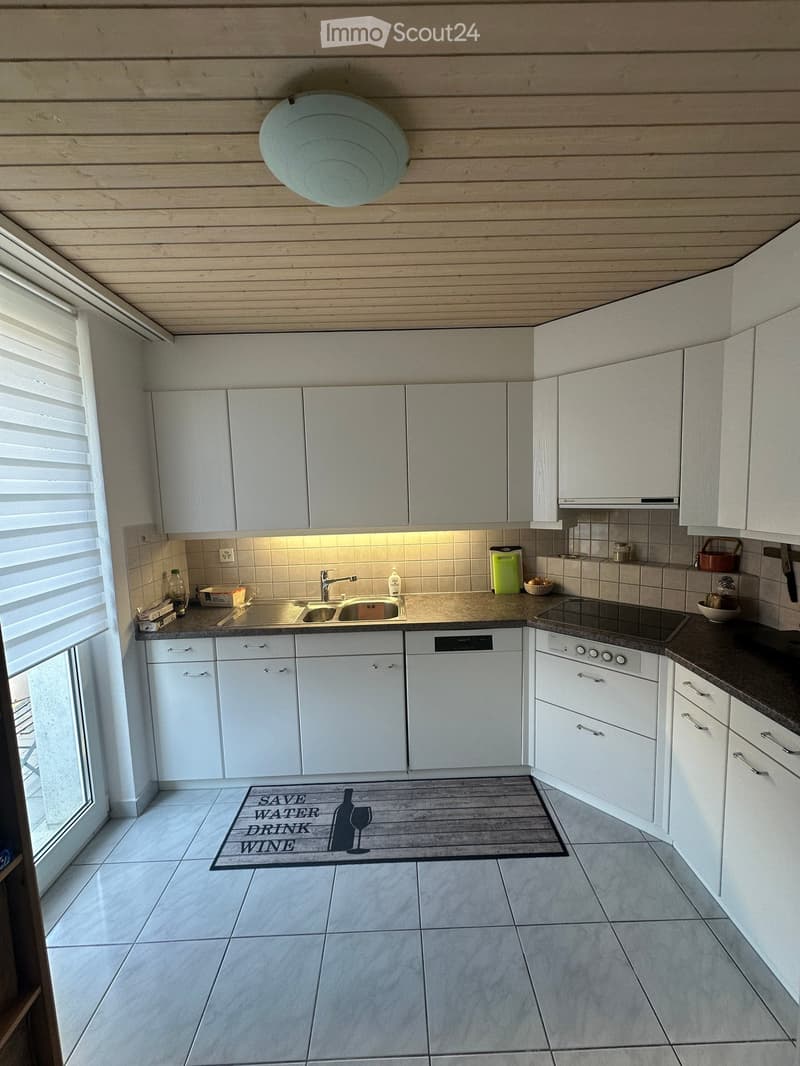 Modern kitchen with white cabinets, stainless steel sink, dishwasher, and oven. Features a tiled backsplash, wooden ceiling, and a decorative rug on the floor.