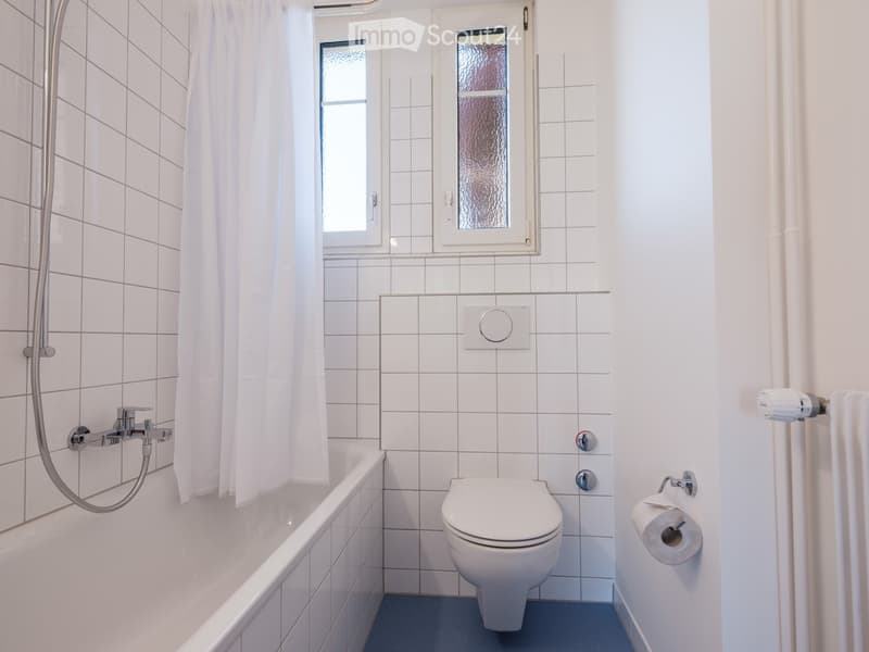 Modern bathroom with white tiled walls, a bathtub, toilet, shower, and a toilet paper holder.