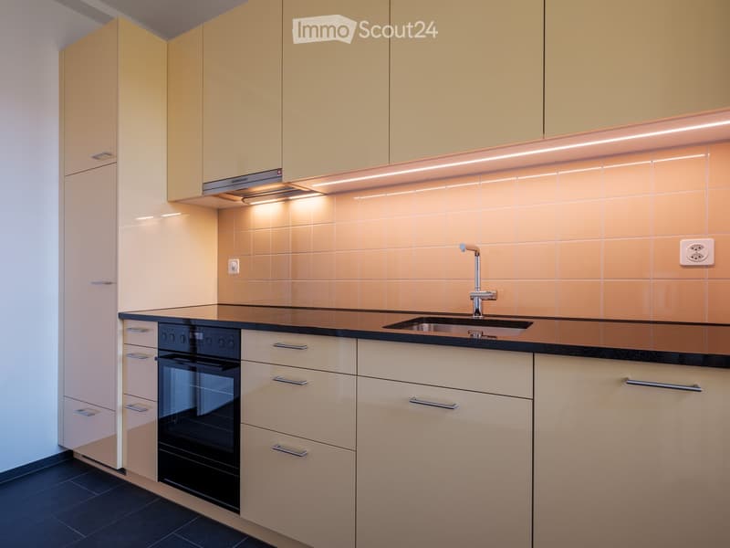 Modern kitchen with light-colored cabinets, black countertop, built-in oven, and stainless steel sink with faucet.