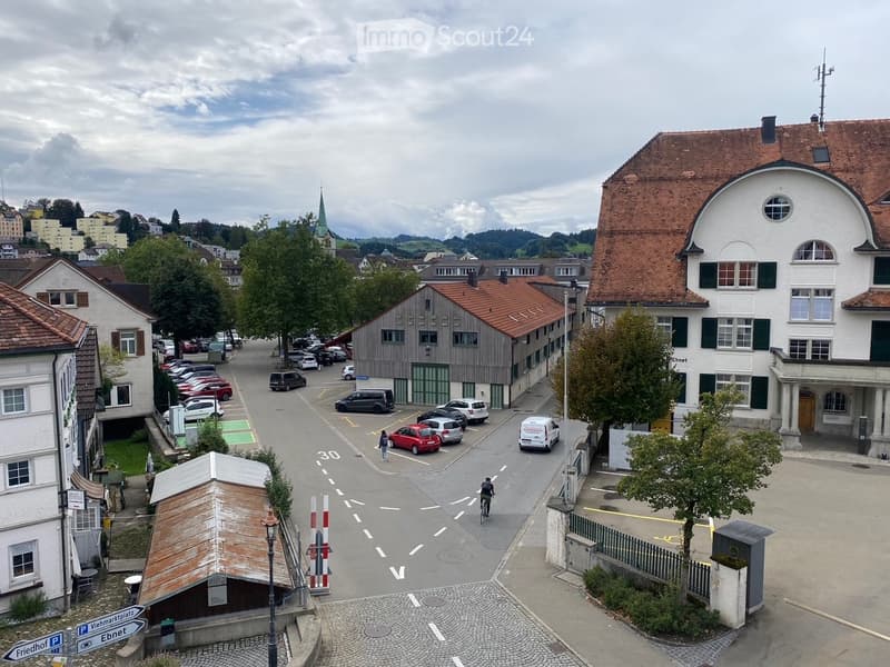 Aerial view of a town street with several buildings, parked cars, and a cyclist. The buildings include a mix of residential and commercial structures with red-tiled roofs and green shutters. The street is marked with traffic signs and has a pedestrian cro