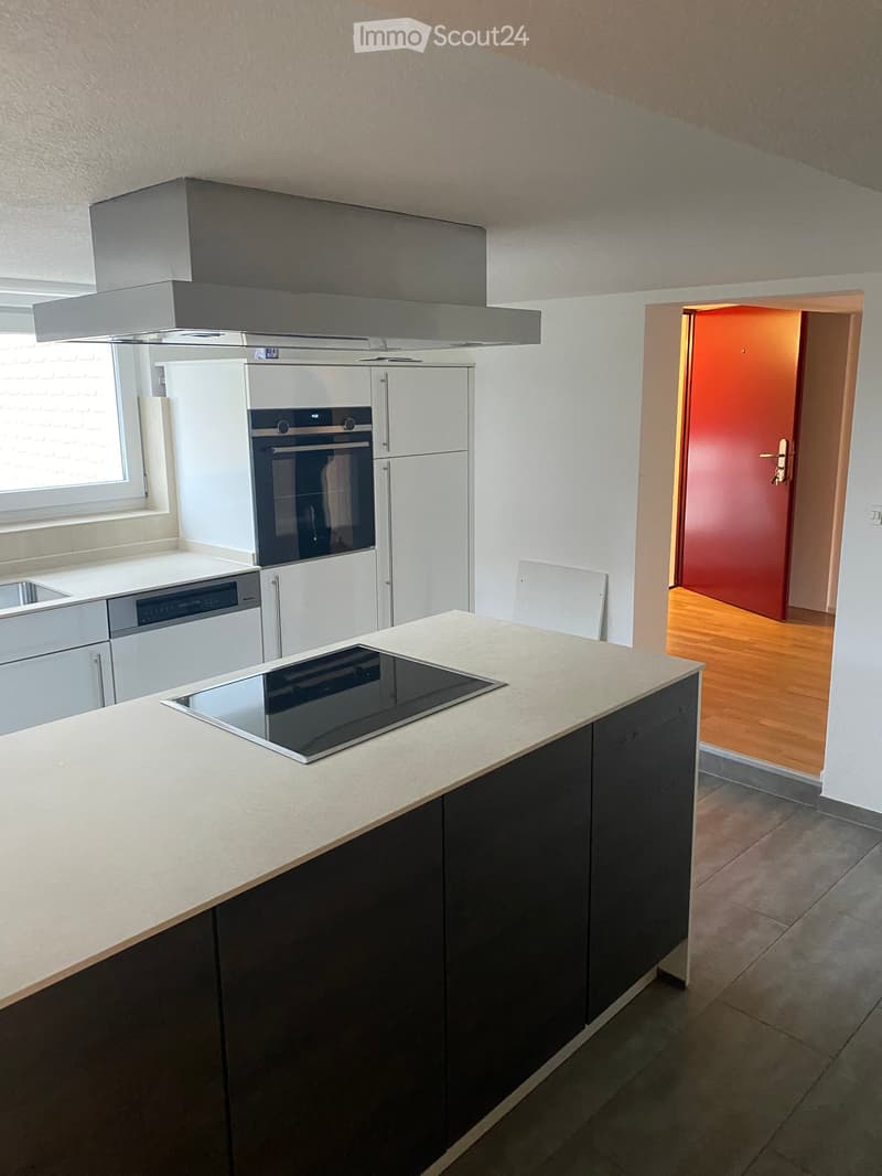Modern kitchen with white and dark grey cabinets, a central island with an induction cooktop, built-in oven, dishwasher, and a large window.