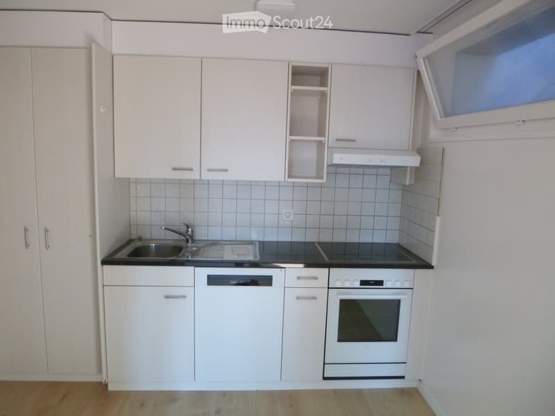 Modern kitchen with white cabinets, a sink, a faucet, an oven, and a dishwasher. The countertops are black, and the backsplash is tiled.
