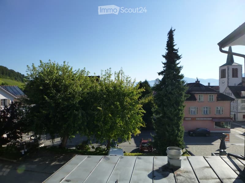 View from a rooftop terrace overlooking a town square with trees, parked cars, and a church tower in the background.
