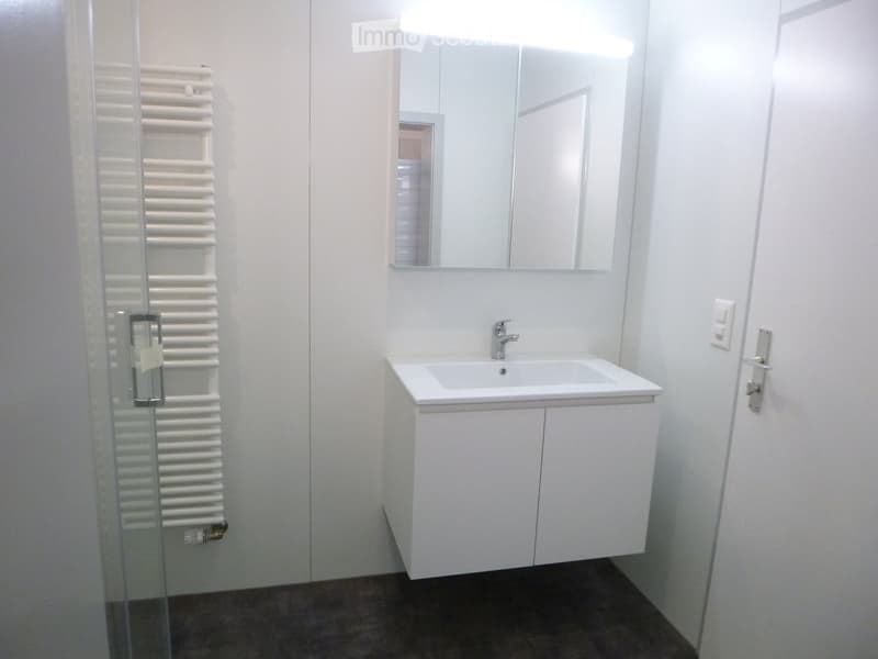 Modern bathroom with white walls, a white sink with a mirror above it, and a radiator on the left side.