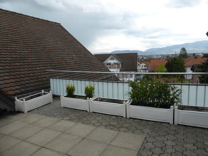 Roof terrace with tiled surface, white planters, and a metal railing overlooking a residential area with houses and mountains in the background.