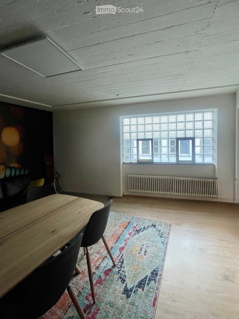 Room with exposed concrete walls, a large window with frosted glass panels, a radiator, a wooden table, a chair, and a colorful rug.