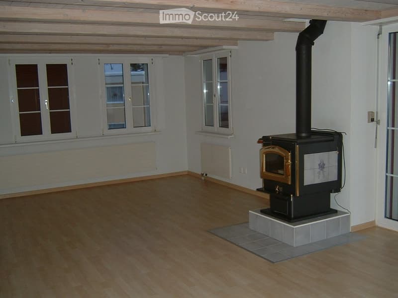 Empty room with wooden flooring, white walls, and a wood-burning stove with a chimney. Windows are visible on two walls.