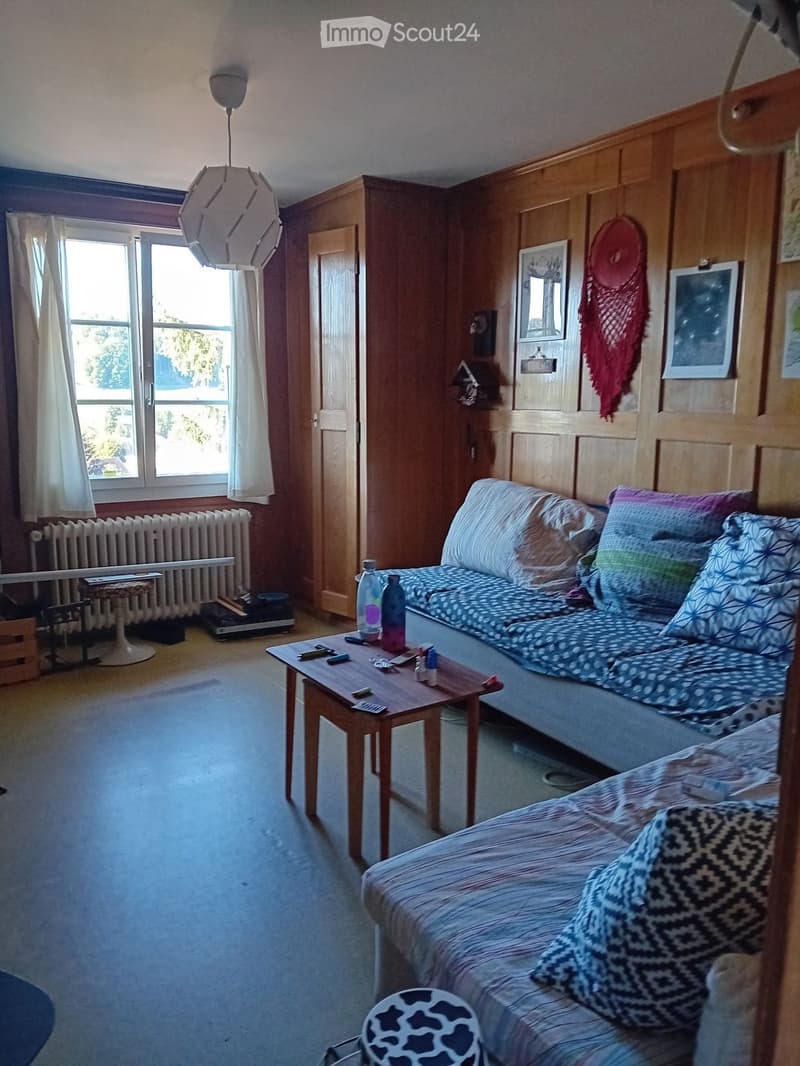 A cozy living room with a sofa, small table, and chair. The room features wooden paneling, a window with white curtains, and a radiator under the window.