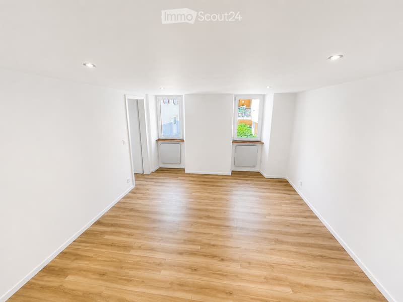 Empty room with white walls, wooden flooring, and two windows with radiators beneath them. No furniture or personal items are present.