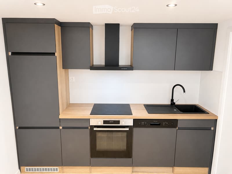 Modern kitchen with dark grey cabinets, wooden accents, induction cooktop, sink, oven, and dishwasher.