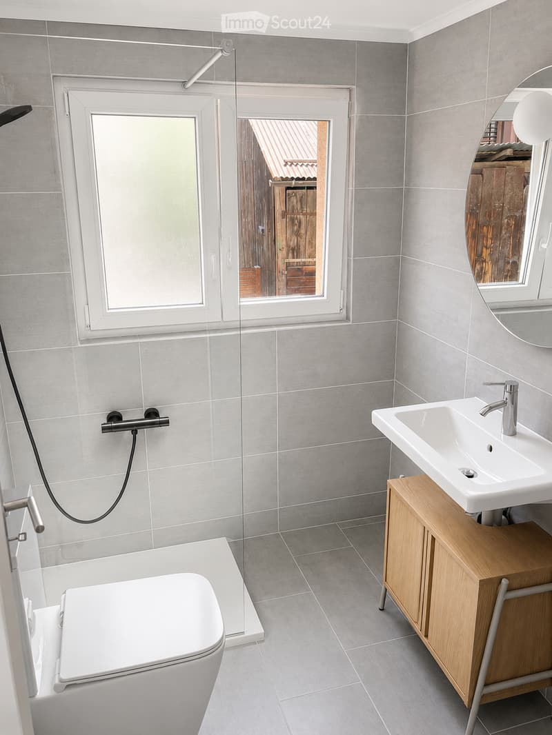 Modern bathroom with grey tiled walls and floor, white toilet, sink with wooden cabinet, and a large mirror above the sink. A shower area is visible through a glass door with a view of an outdoor space.