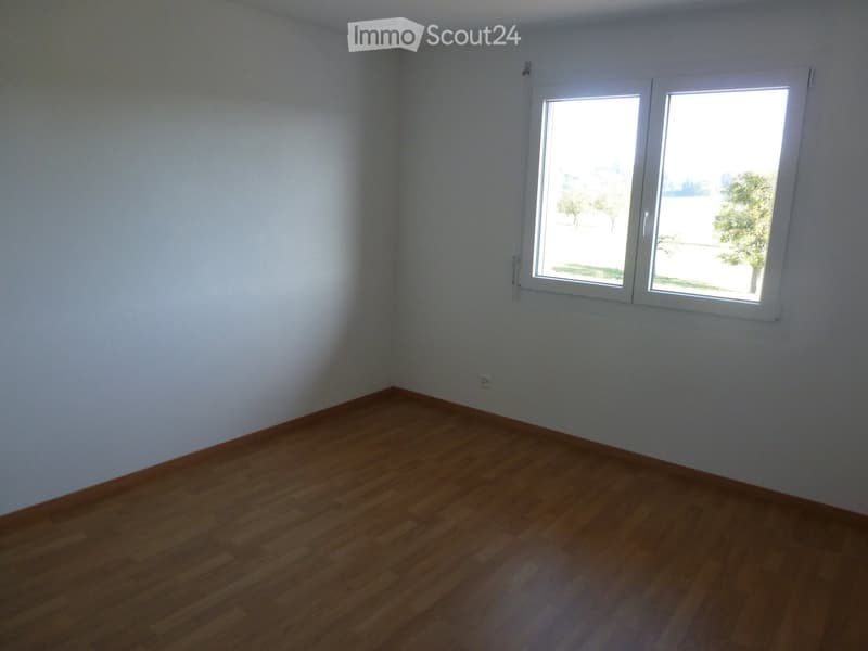 Empty room with wooden flooring and white walls, featuring a large window with white frames that offers a view of the outdoors.