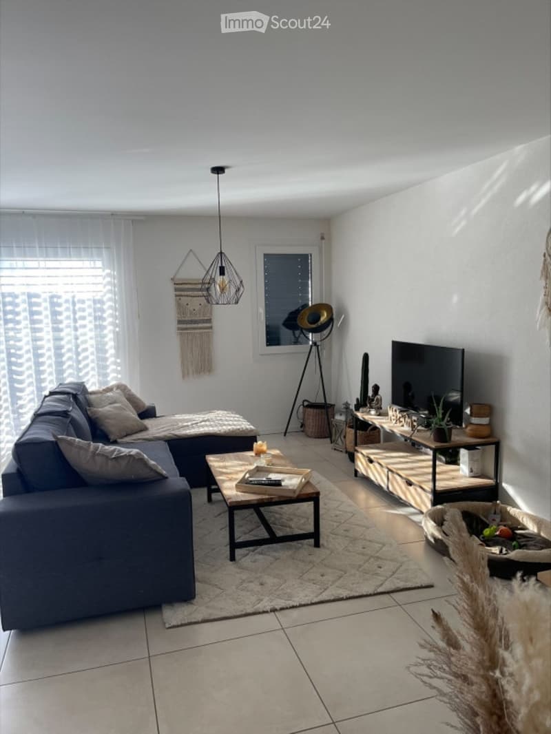 Modern living room with a grey sofa, coffee table, ottoman, floor lamp, television, side table, and decorative wall hanging.