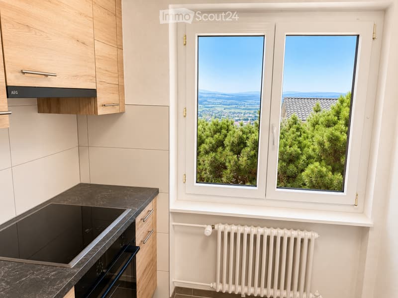 Modern kitchen with light wooden cabinets, black countertop, built-in stove and oven, large windows offering a scenic view of trees and landscape.