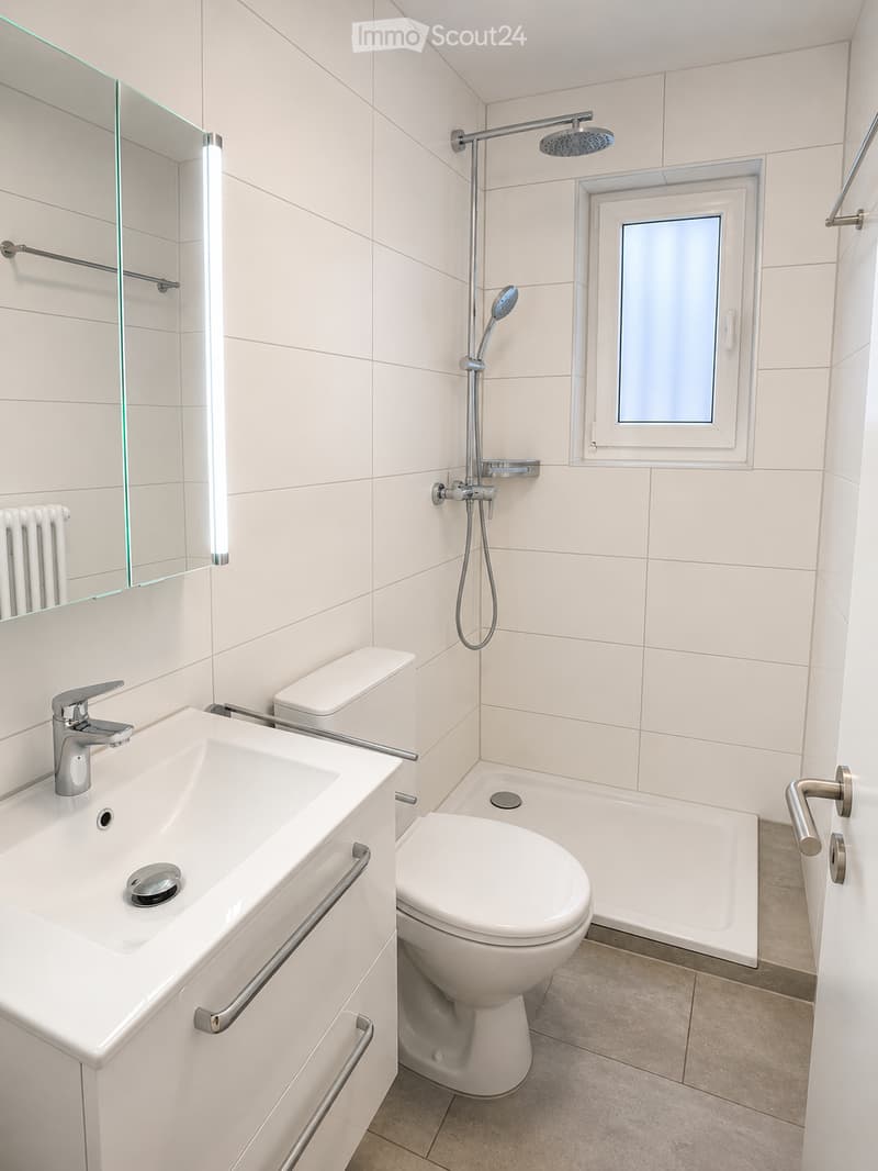 Modern bathroom with white tiles, a sink with a chrome faucet, a toilet, a bathtub with a showerhead, a radiator, and a large mirror.