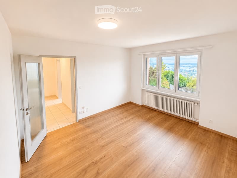Empty room with wooden flooring, white walls, large windows offering a scenic view, and a radiator below the windows.