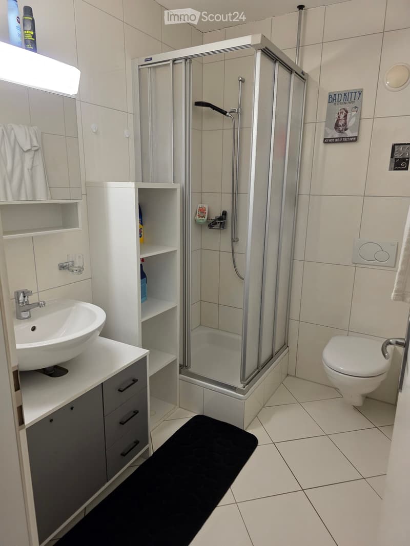 Modern bathroom with white tiles, a walk-in shower, a sink with a mirror, a toilet, and a black bath mat on the floor.