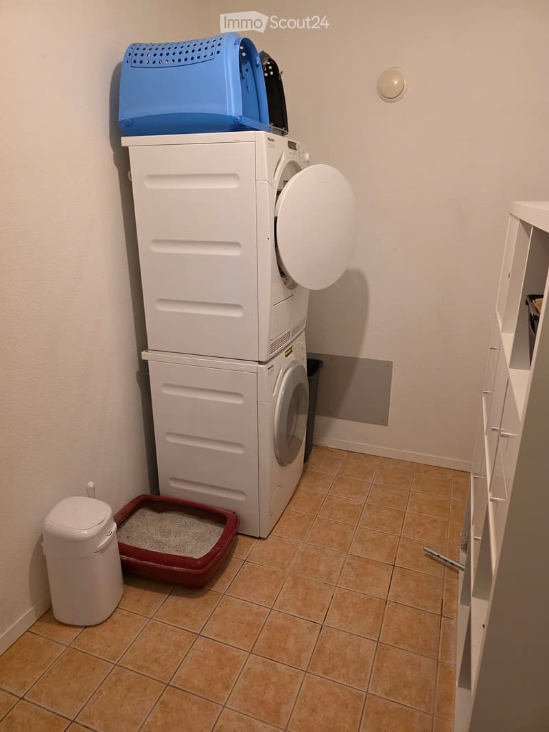 Bathroom with a stacked washing machine and dryer, a cat litter box, a trash bin, and a cat carrier on top of the washing machine.