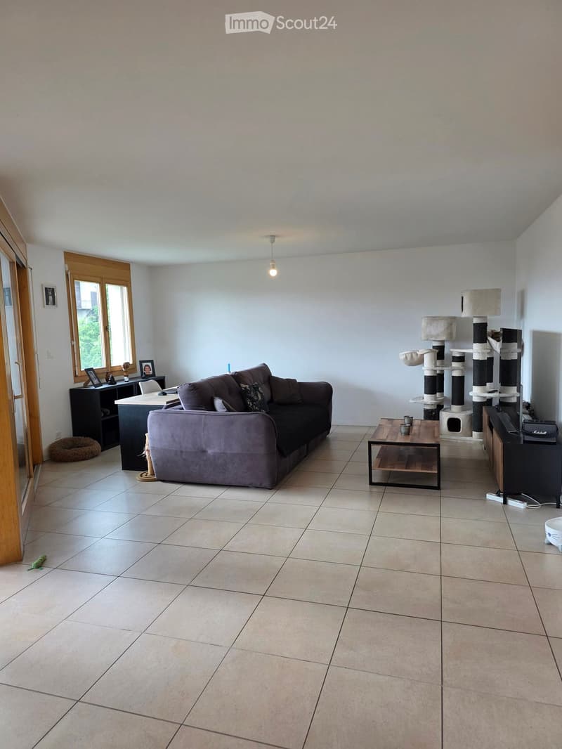 Living room with tiled floor, grey sofa, coffee table, cat tree, and a small table with a chair.