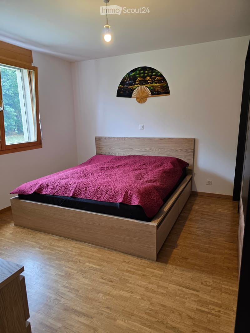 Minimalist bedroom with a wooden bed, pink quilt, and a decorative wall fan. Natural light from a window on the left.