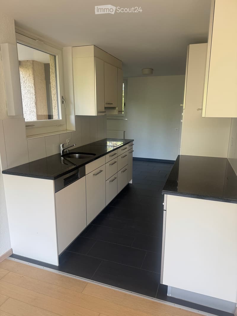 Modern kitchen with white cabinets, black countertops, and a black tiled floor. Features a sink with a faucet and a built-in dishwasher.