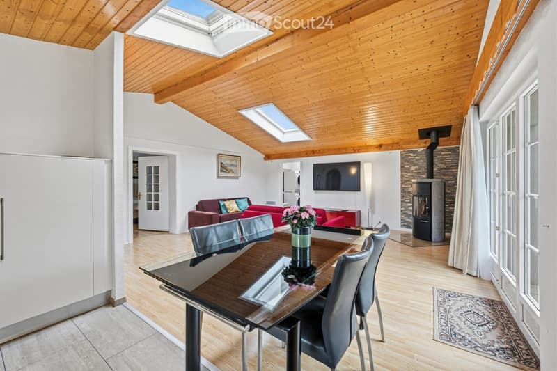 Modern living and dining area with wooden floors, a red sofa, a glass dining table with chairs, a television, a fireplace, and a skylight.