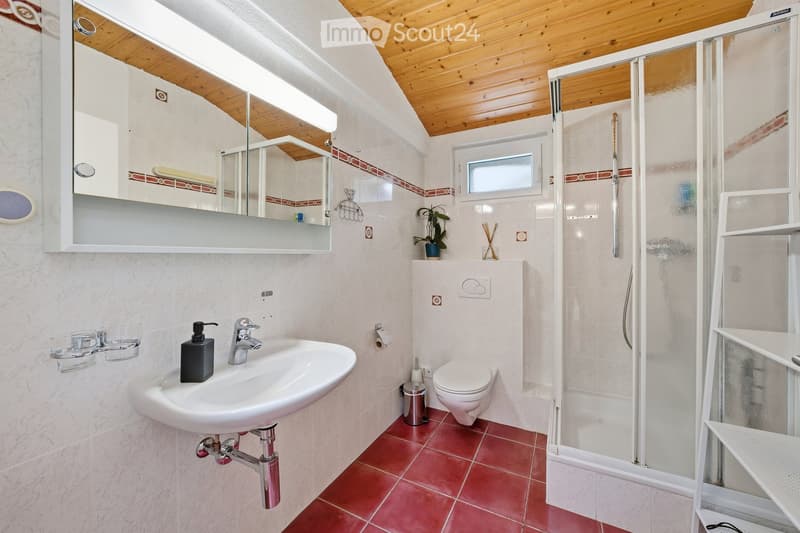 Modern bathroom with a white sink, chrome faucet, mirror cabinet, toilet, glass-enclosed shower, and red tiled floor.